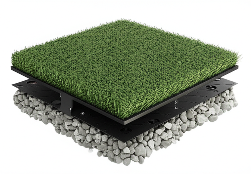 Cross-section showing drainage layers of pet-friendly artificial turf system for Charlotte NC dogs